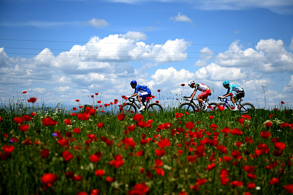 SOFIA, BULGARIA - MAY 10: (L-R) Diego Pablo Sevilla of Spain - Blue Mountain Jersey, Alessandro Tonelli of Italy and Team Polti VisitMalta and Manuele Tarozzi of Italy and Team Bardiani CSF 7 Saber compete in the breakaway during the 109th Giro d&amp;apos;Italia 2026, Stage 3 a 175km stage from Plovdiv to Sofia / #UCIWT / on May 10, 2026 in Sofia, Bulgaria. (Photo by Dario Belingheri/Getty Images)