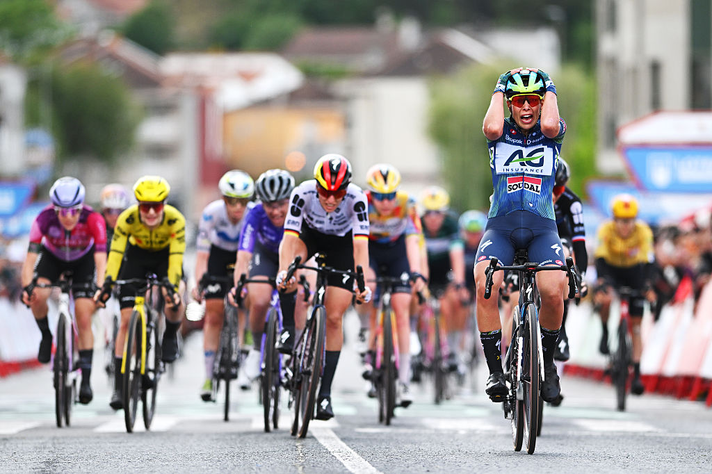 Shari Bossuyt (Team AG Insurance-Soudal) celebrates after winning stage 2 of the 2026 Vuelta Femenina in San Cibrao das Vinas. (Photo by Szymon Gruchalski/Getty Images)