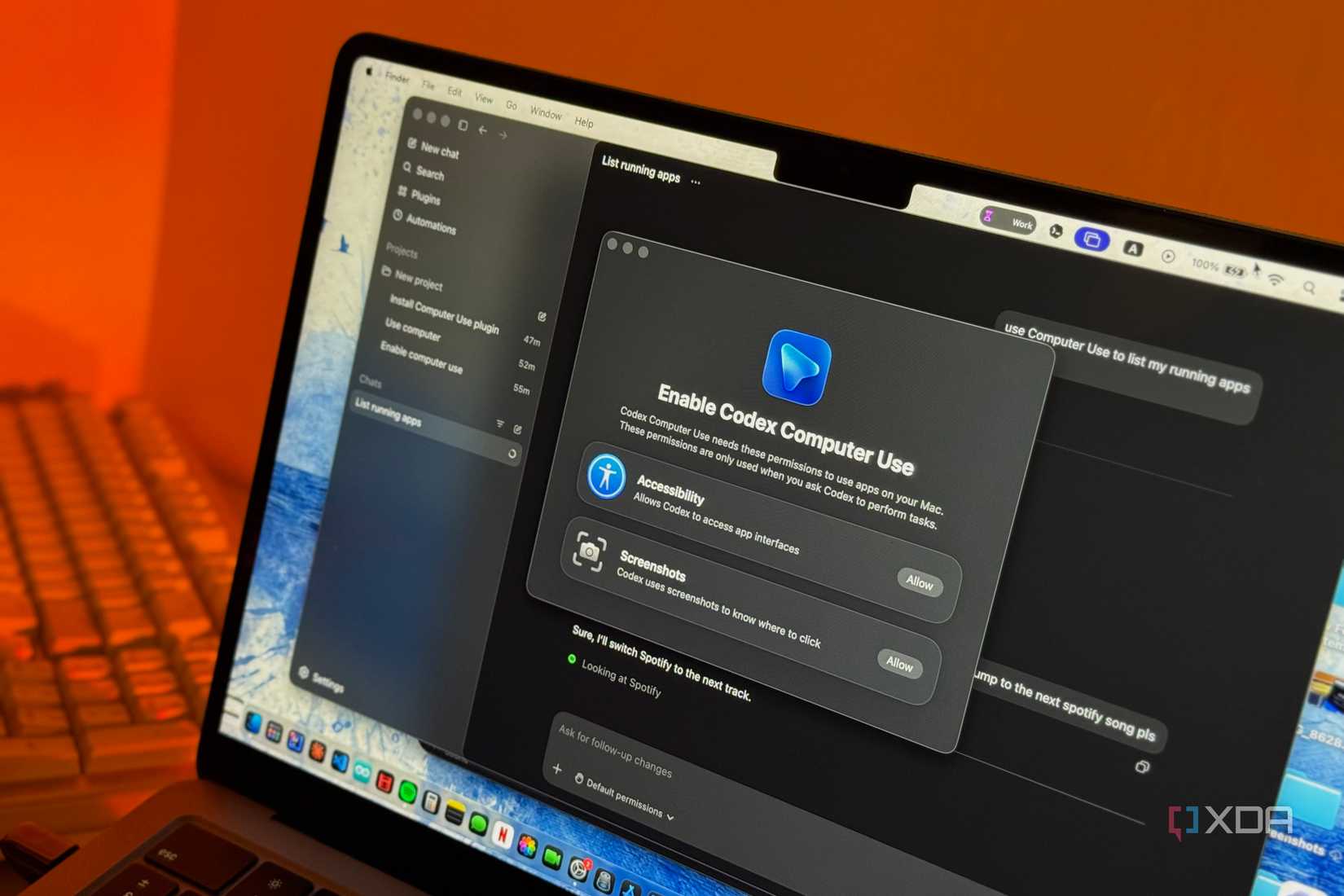 macos system settings dialog showing enable codex computer use feature with accessibility and screenshots options