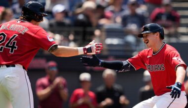 Cleveland Guardians' Kyle Manzardo, right, is congratulated by Chase DeLauter (24) after hitting a home run in the third inning of a baseball game against the Cincinnati Reds in Cleveland, Sunday, May 17, 2026.