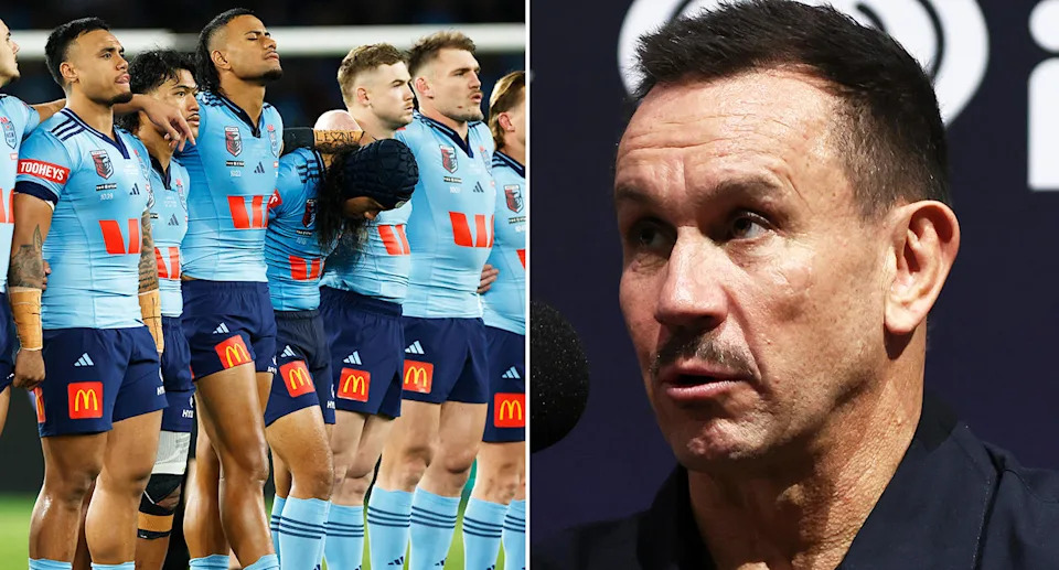 Matty Johns alongside Stephen Crichton and other NSW players.