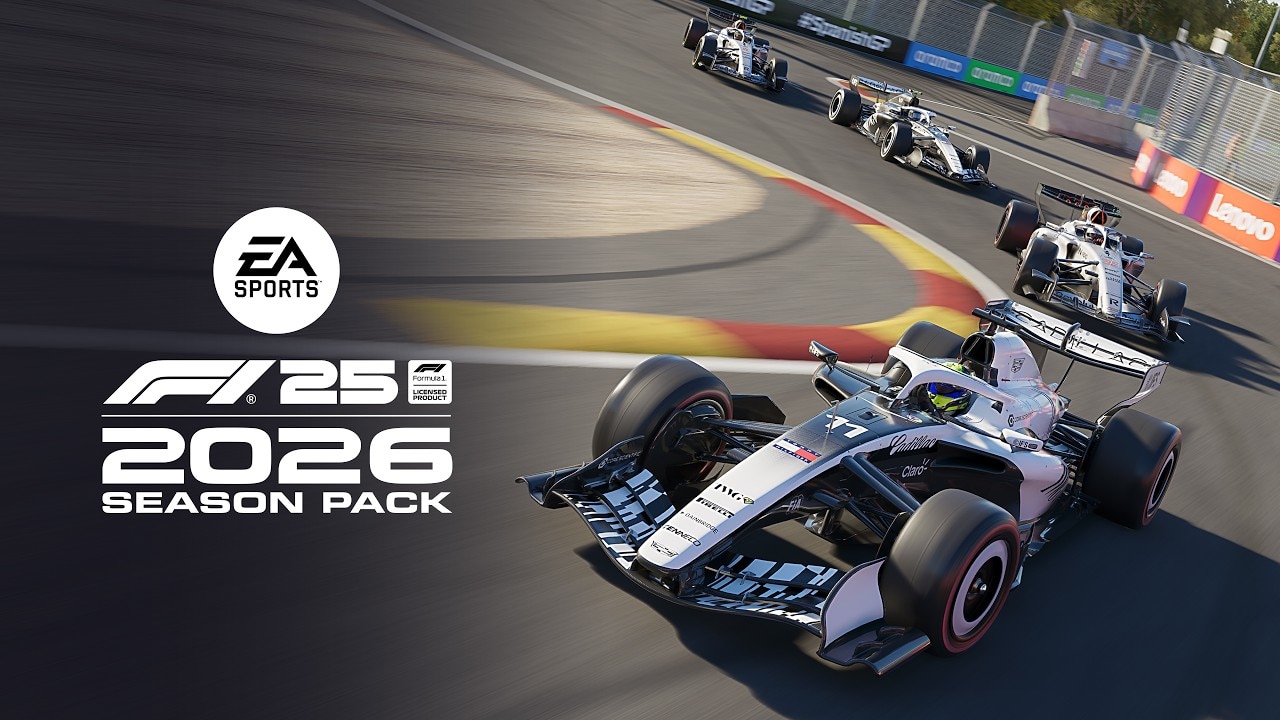 Large F1 25 2026 Season Pack logo and four cars racing on F1 circuit, making a sharp turn