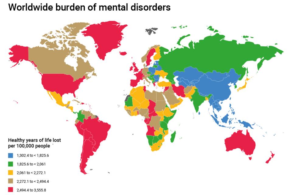 Coloured graphic showing the worldwide burden of mental disorders.