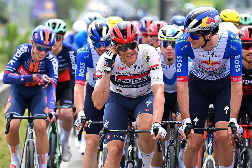 VELIKO TARNOVO, BULGARIA - MAY 09: (L-R) Jasper Stuyven of Belgium and Team Soudal Quick-Step and Mick van Dijke of Netherlands and Team Red Bull - BORA - hansgrohe compete during the 109th Giro d&amp;apos;Italia 2026, Stage 2 a 221km stage from Burgas to Veliko Tarnovo / #UCIWT / on May 09, 2026 in Veliko Tarnovo, Bulgaria. (Photo by Tim de Waele/Getty Images)