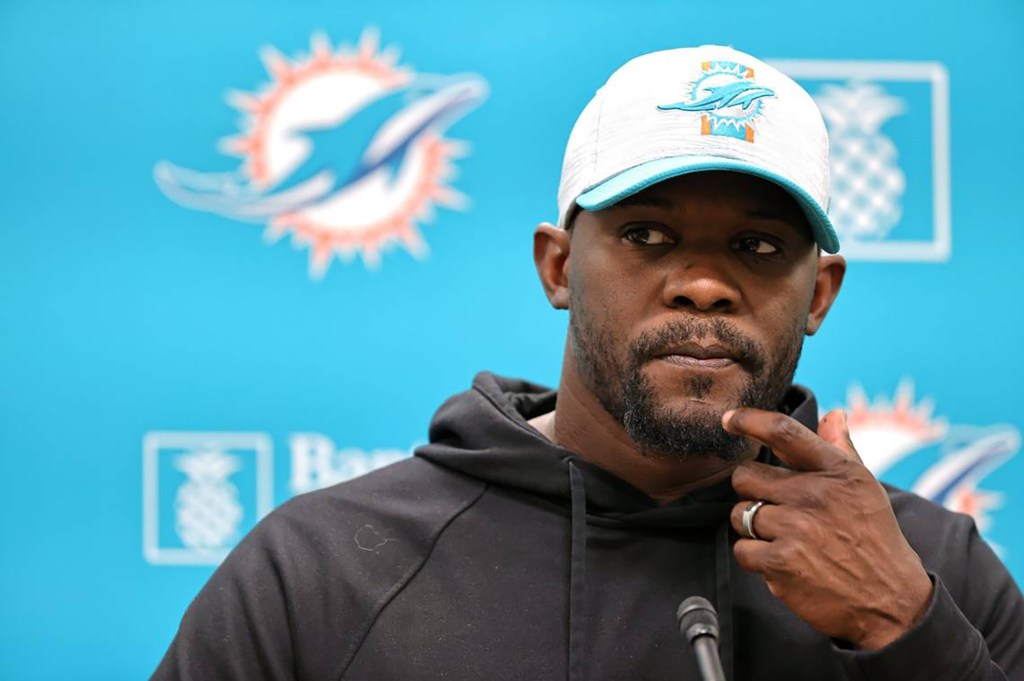Miami Dolphins head coach Brian Flores speaks to the media.