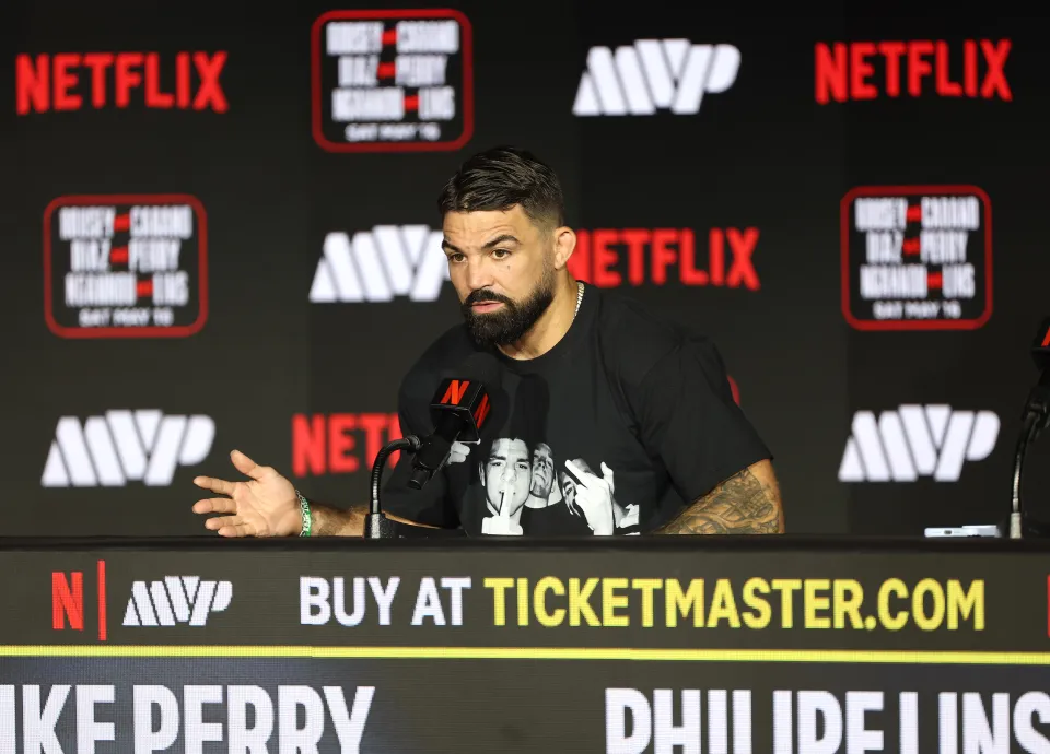 Mike Perry speaks onstage at the Rousey vs. Carano NYC Press Conference at The Palladium on April 15, 2026 in New York, New York