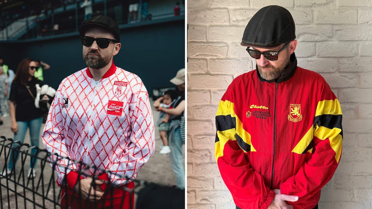 A split image of the same man in a red and white tracksuit standing behind the fence on the left and in a red tracksuit.