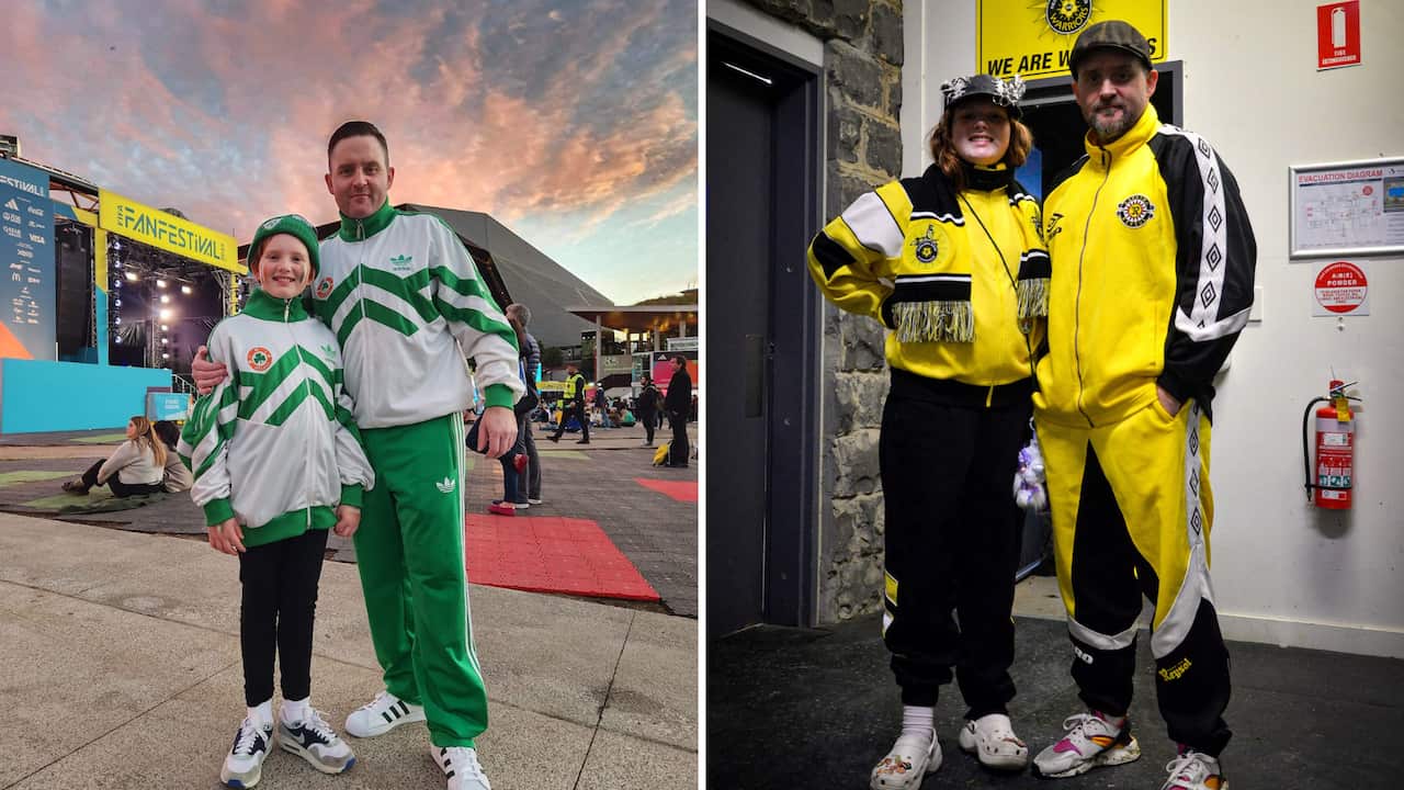 A split image of a man and a young girl. On the left the man is wearing green tracksuit pants and a white and green tracksuit top. The girl is wearing the same style tracksuit top and black leggings. On the right the man is wearing yellow tracksuit pants and a yellow and black tracksuit top. She is wearing the same style tracksuit top and black leggings