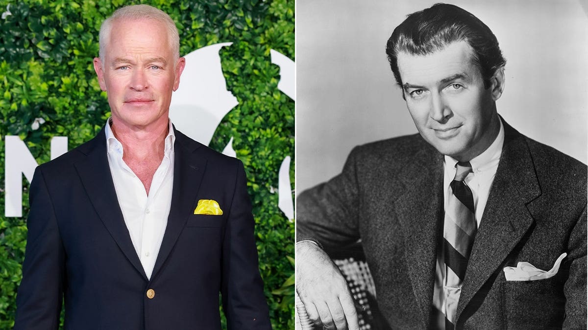 A split image of Neal McDonough and Jimmy Stewart