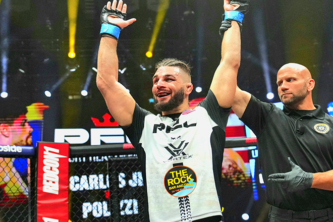 3rd LFA light-heavyweight champion Alex Aaron College is delighted after winning his first victory of the 2024 Professional Fighters League regular season at the Huntsman Center in Salt Lake City, Utah. Photo = PFL MMA, Inc.