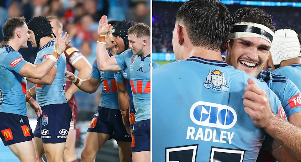 NSW halfback Nathan Cleary (R) was named man of the match despite many arguing that Blues debutant Ethan Strange (far L) was the best player in Origin Game 1. Pic: Getty
