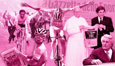 A collage of figures related to the Giro d'Italia including the pope, Fausto Coppi, Tadej Pogačar and two race directors