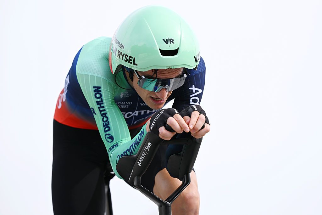 MASSA, ITALY - MAY 19: Felix Gall of Austria and Team Decathlon CMA CGM competes during the 109th Giro d&amp;apos;Italia 2026, Stage 10 a 42km individual time trial stage from Viareggio to Massa / #UCIWT / on May 19, 2026 in Massa, Italy. (Photo by Dario Belingheri/Getty Images)