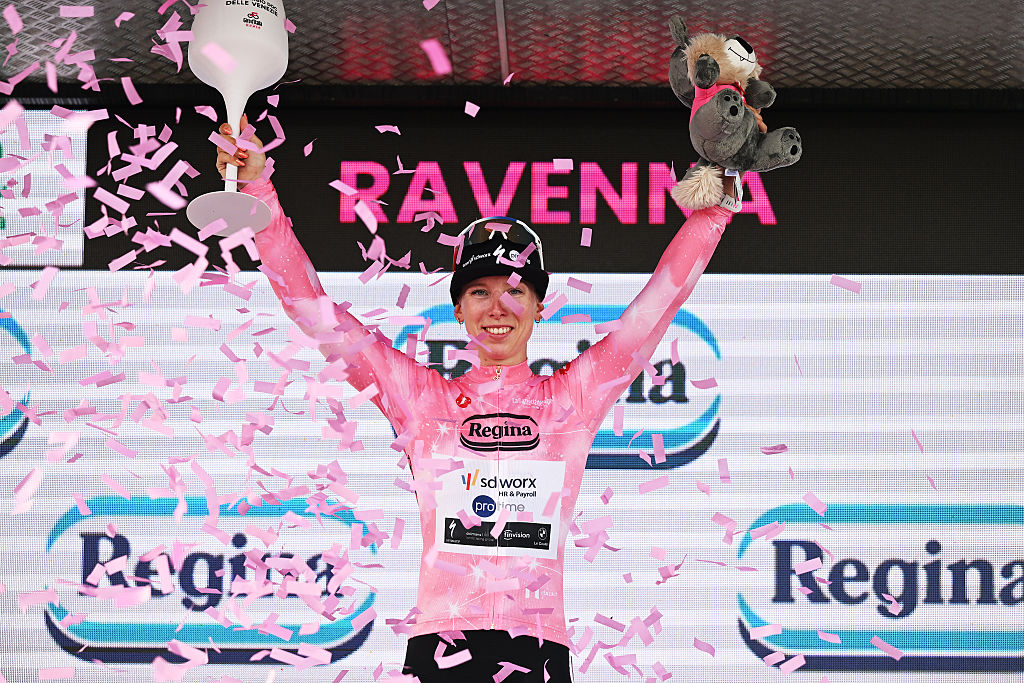 Lorena Wiebes (SD Worx-Protime) celebrates in the maglia rosa after winning the opening stage, taking the lead at the 2026 Giro d'Italia Women in Ravenna, Italy. (Photo by Luc Claessen/Getty Images)