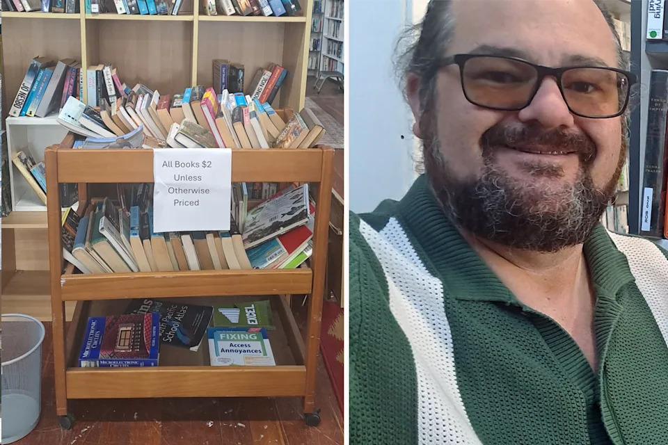 Left: $2 books inside a community-run op shop. Right: New Zealand man Ritchie Ward