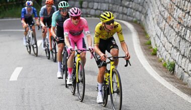 CARI, SWITZERLAND - MAY 26: (L-R) Jonas Vingegaard of Denmark - Pink Leader Jersey and Davide Piganzoli of Italy and Team Visma