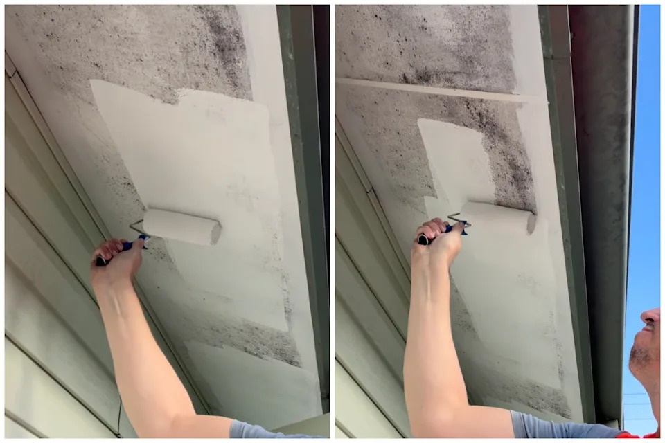 A man with a roller is seen painting over mould on the roof eaves of a 1960s property.