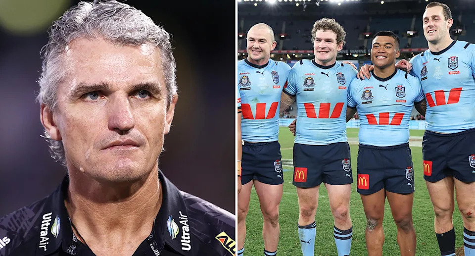Brian To'o alongside Ivan Cleary and Panthers teammates