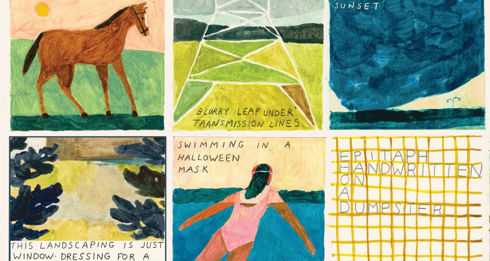 a grid of six small drawn prompts for photos by Pat Perry