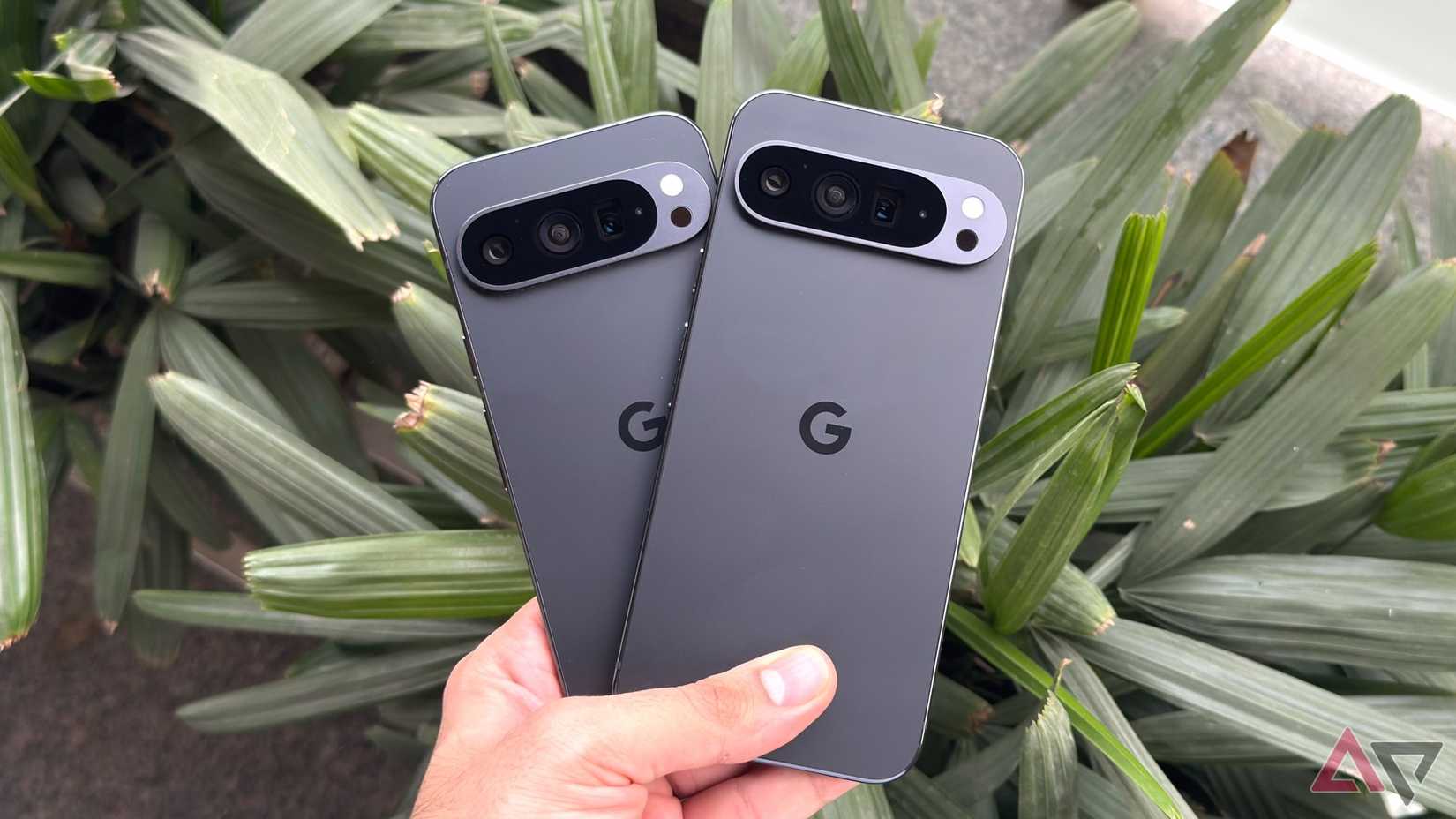 A Google Pixel 9 Pro next to a Google Pixel 9 XL, showing the difference in size
