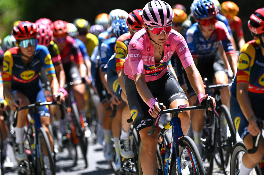 CHIETI, ITALY - JULY 12: Elisa Longo Borghini of Italy and Team Lidl - Trek - Pink Leader Jersey competes during the 35th Giro d&amp;apos;Italia Women 2024, Stage 6 a 159km stage from San Benedetto del Tronto to Chieti 330m / #UCIWWT / on July 12, 2024 in San Benedetto del Chieti, Italy. (Photo by Luc Claessen/Getty Images)