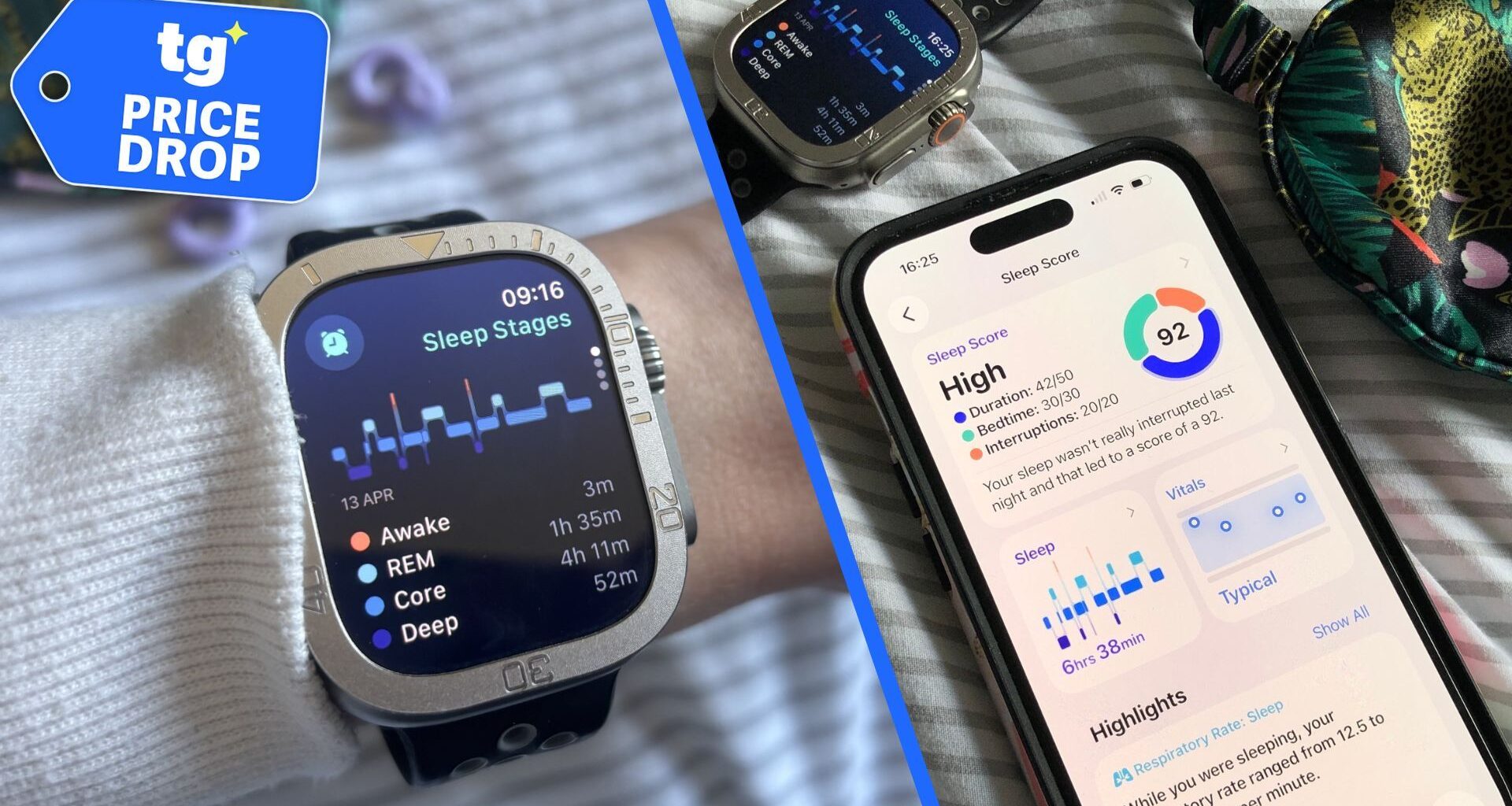 A split screen with an image of the Apple Watch Ultra on a woman's wrist in a bedroom setting, and an image of an iPhone 15 displaying her sleep score. A deals badge is in the top left foreground.