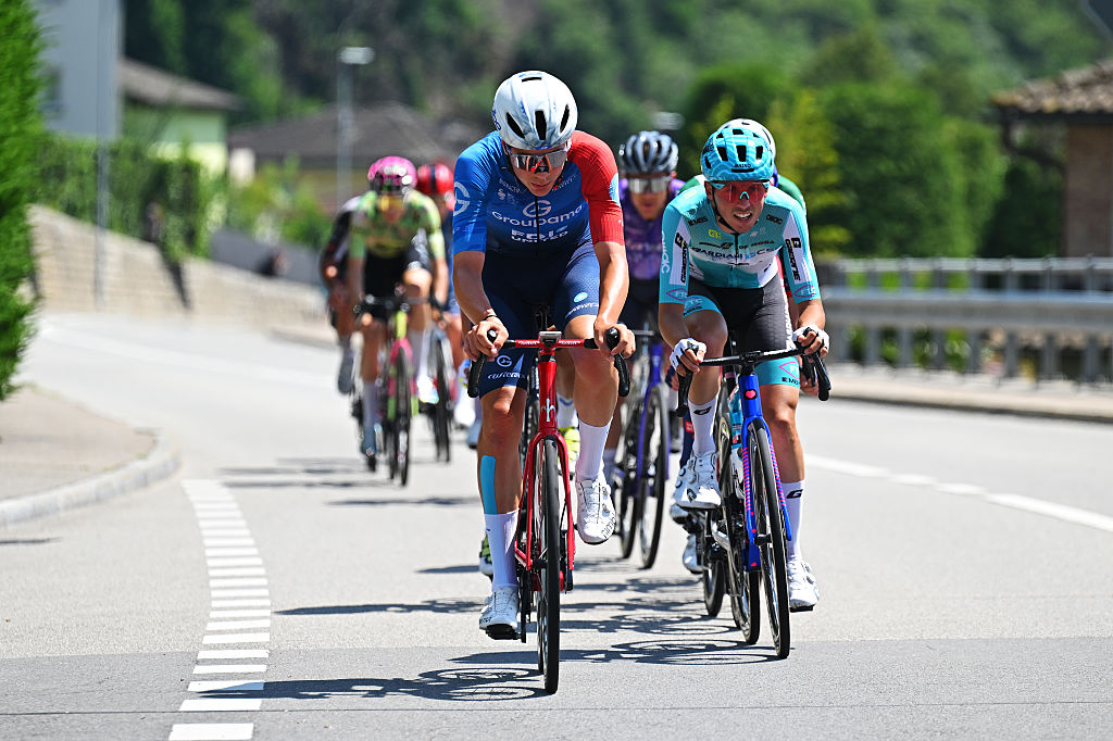 CARI, SWITZERLAND - MAY 26: (L-R) Johan Jacobs of Switzerland and Team Groupama - FDJ United and Manuele Tarozzi of Italy and Team Bardiani CSF 7 Saber compete in the breakaway during the 109th Giro d&amp;apos;Italia 2026, Stage 16 a 113km stage from Bellinzona to Cari 1645m / #UCIWT / on May 26, 2026 in Cari, Switzerland. (Photo by Tim de Waele/Getty Images)