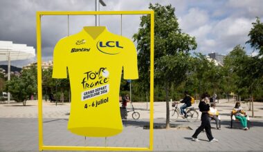 A display shaped like the Tour de France leader's yellow jersey promoting the race's 'Grand Depart' is pictured in Barcelona on May 7, 2026.