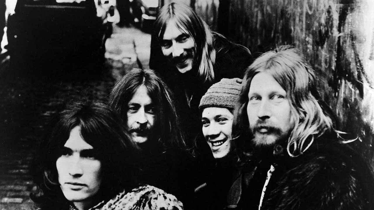 CIRCA 1971:  Dave Brock (center top) and Nik Turner (right) of the space rock band