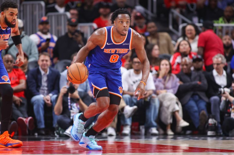 Apr 30, 2026; Atlanta, Georgia, USA; New York Knicks forward Og Anunoby (8) dribbles against the Atlanta Hawks in the second quarter during game six of the first round of the 2026 NBA Playoffs at State Farm Arena. Mandatory Credit: Brett Davis-Imagn Images