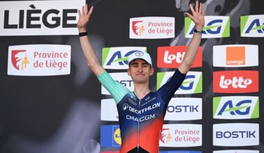 Paul Seixas (Decathlon CMA CGM) celebrates his second place at winner the 2026 Liege - Bastogne - Liege 2026, on April 26, 2026. (Photo by Dario Belingheri/Getty Images)