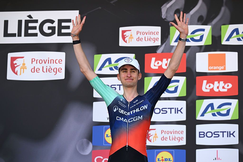 Paul Seixas (Decathlon CMA CGM) celebrates his second place at winner the 2026 Liege - Bastogne - Liege 2026, on April 26, 2026. (Photo by Dario Belingheri/Getty Images)