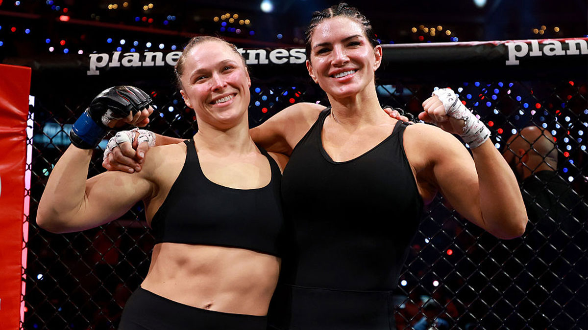 INGLEWOOD, CALIFORNIA - MAY 16: Ronda Rousey and Gina Carano pose for a photo after their featherweight bout during the main card of Netflix's Ronda Rousey vs. Gina Carano at Intuit Dome on May 16, 2026 in Inglewood, California.