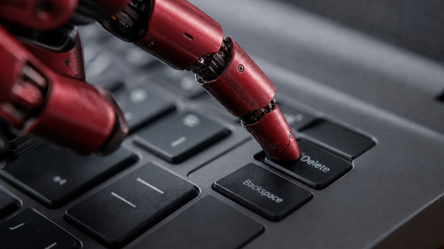An AI-generated image of a robot's finger pressing the Delete key on a laptop keyboard.