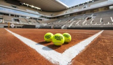Three bright yellow tennis balls with Roland Garros branding on a red clay court near the white line inside an empty stadium.