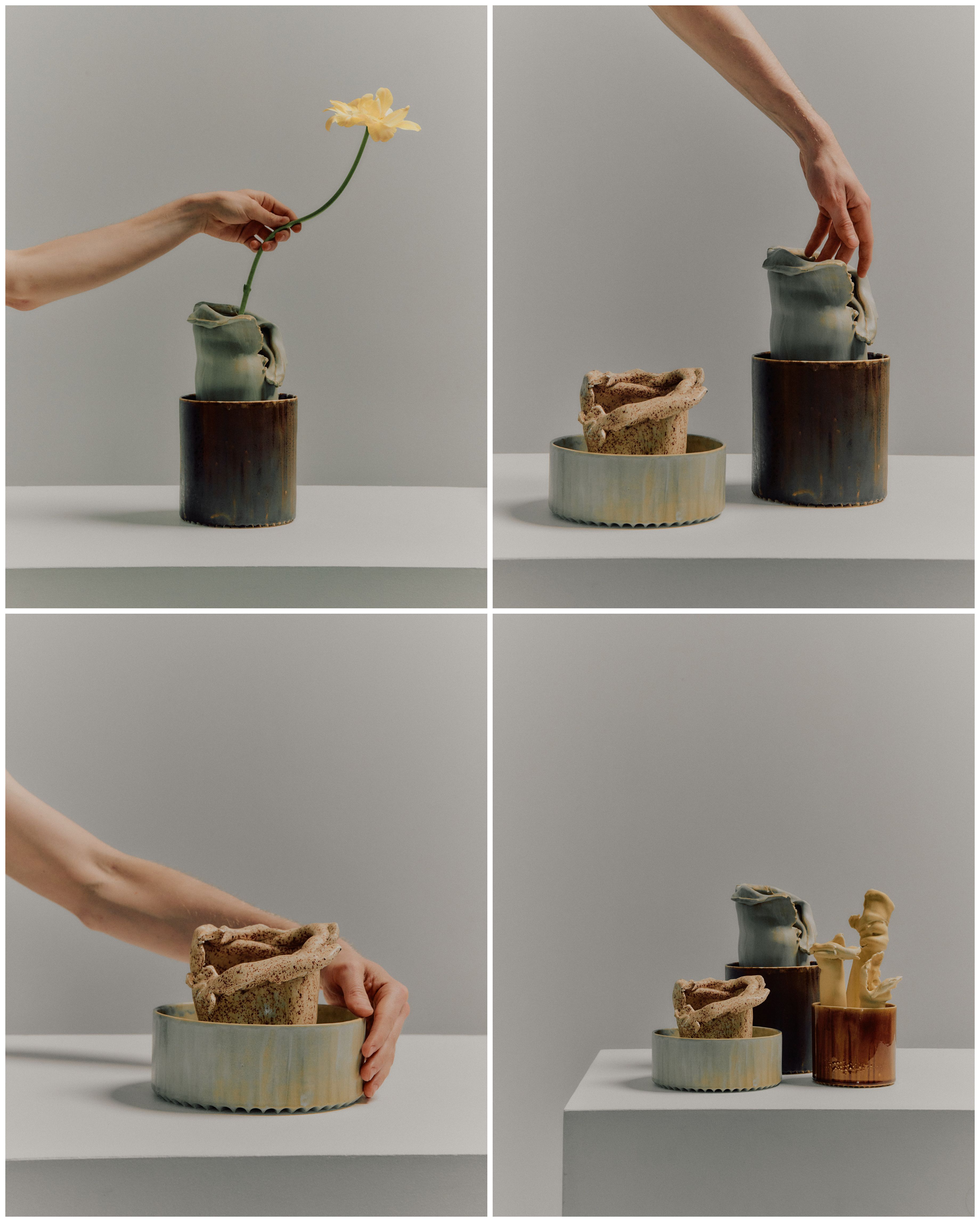 Grid-designed series of images depicting everyday objects within an empty, gray-tinted gallery room, including vases, chairs, and glass bowls.