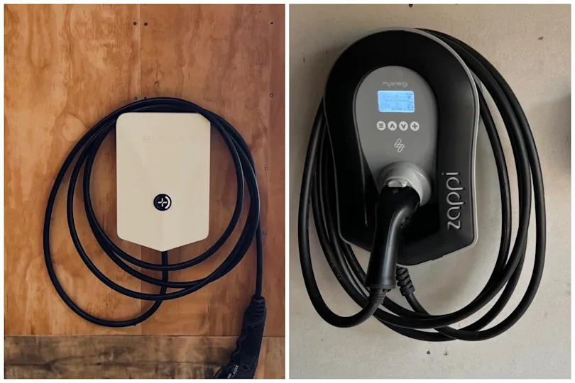 Ev chargers on a wall.