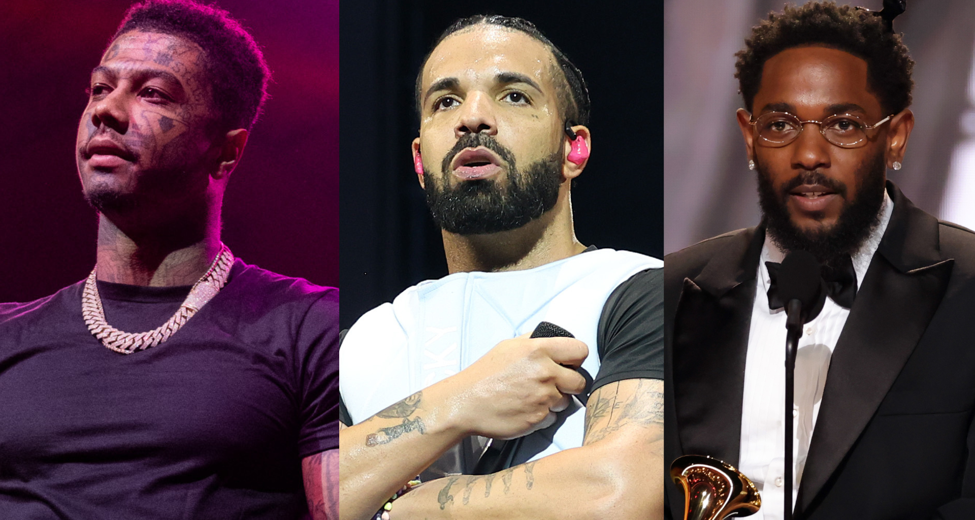 Blueface with tattoos and a chain; Drake with a beard and tattoos; Kendrick Lamar in a suit with glasses.