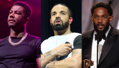 Blueface with tattoos and a chain; Drake with a beard and tattoos; Kendrick Lamar in a suit with glasses.