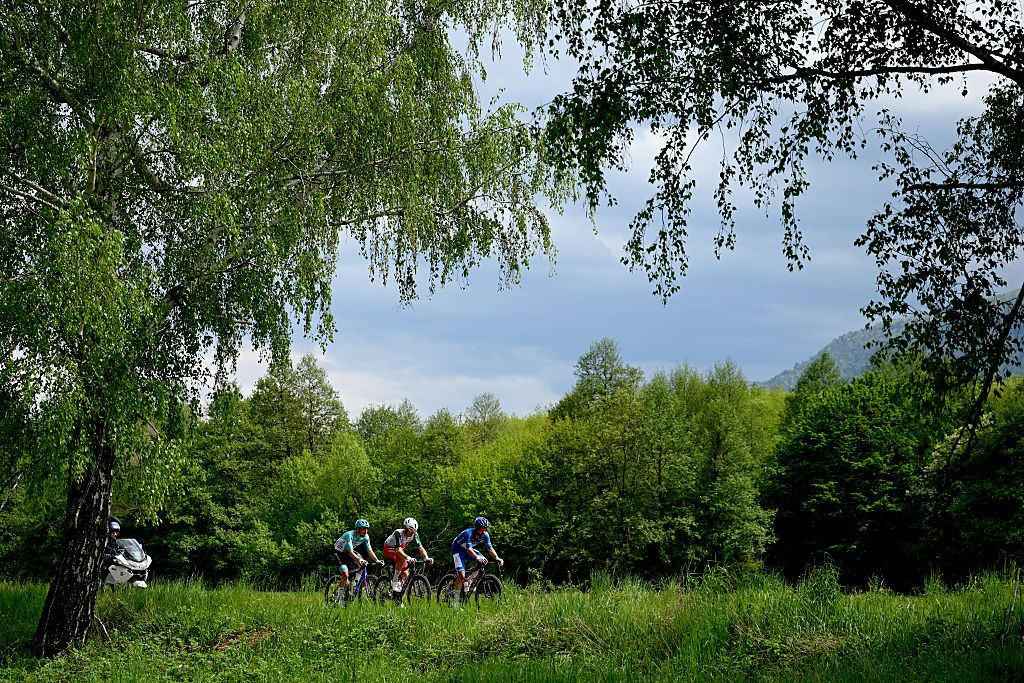 SOFIA, BULGARIA - MAY 10: A general view of Diego Pablo Sevilla of Spain - Blue Mountain Jersey, Alessandro Tonelli of Italy and Team Polti VisitMalta and Manuele Tarozzi of Italy and Team Bardiani CSF 7 Saber compete in the breakaway during the 109th Giro d&amp;apos;Italia 2026, Stage 3 a 175km stage from Plovdiv to Sofia / #UCIWT / on May 10, 2026 in Sofia, Bulgaria. (Photo by Dario Belingheri/Getty Images)