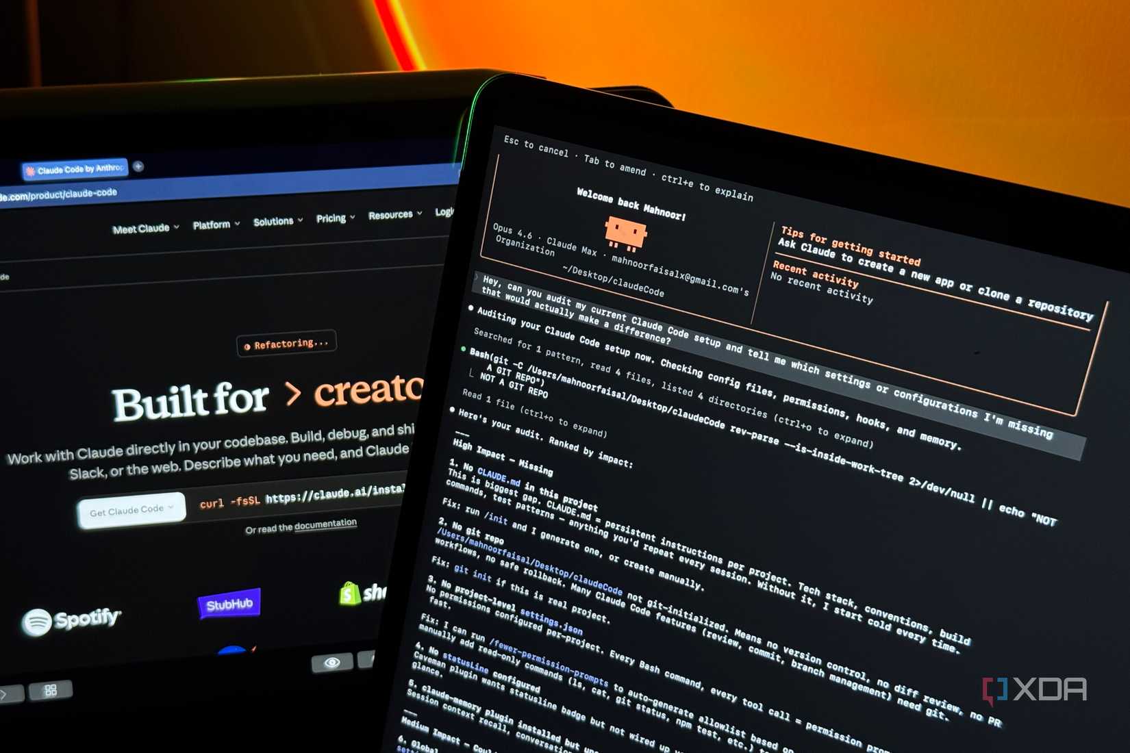 screenshot of claude ai website showing built for creators section with code editor window displaying technical documentation in terminal style interface