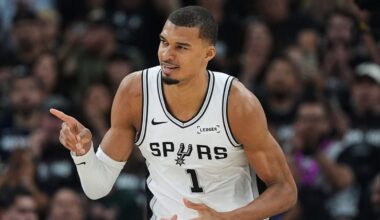 San Antonio Spurs forward Victor Wembanyama (1) reacts to a play during the first half in Game 2 of a second-round NBA playoffs basketball series against the Minnesota Timberwolves in San Antonio, Wednesday, May 6, 2026. (AP Photo/Eric Gay)