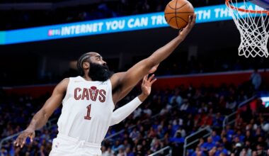 Cleveland Cavaliers guard James Harden goes to the basket against the Detroit Pistons during the second half in Game 5 of their playoff