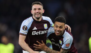 John McGinn and Morgan Rogers celebrate during Aston Villa's 4-0 win over Nottingham Forest to reach the Europa League final