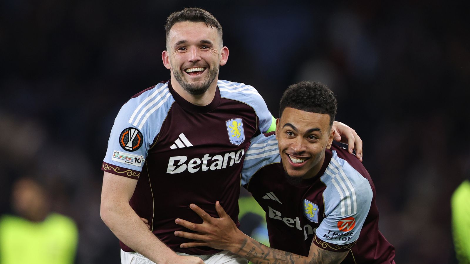 John McGinn and Morgan Rogers celebrate during Aston Villa's 4-0 win over Nottingham Forest to reach the Europa League final