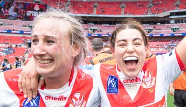 St Helens's Jodie Cunningham & Emily Rudge celebrate victory over Leeds.