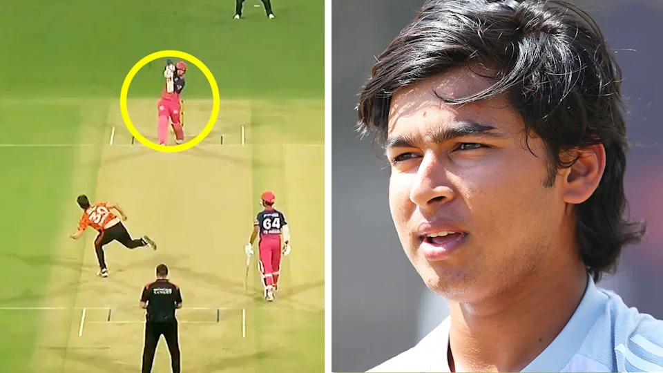 Cricket fans have been left stunned after 15-year-old star Vaibhav Sooryavanshi (pictured right) took it to Pat Cummins and co to score 97 runs off 29 balls in the IPL. (Images: @IPL/Getty Images)