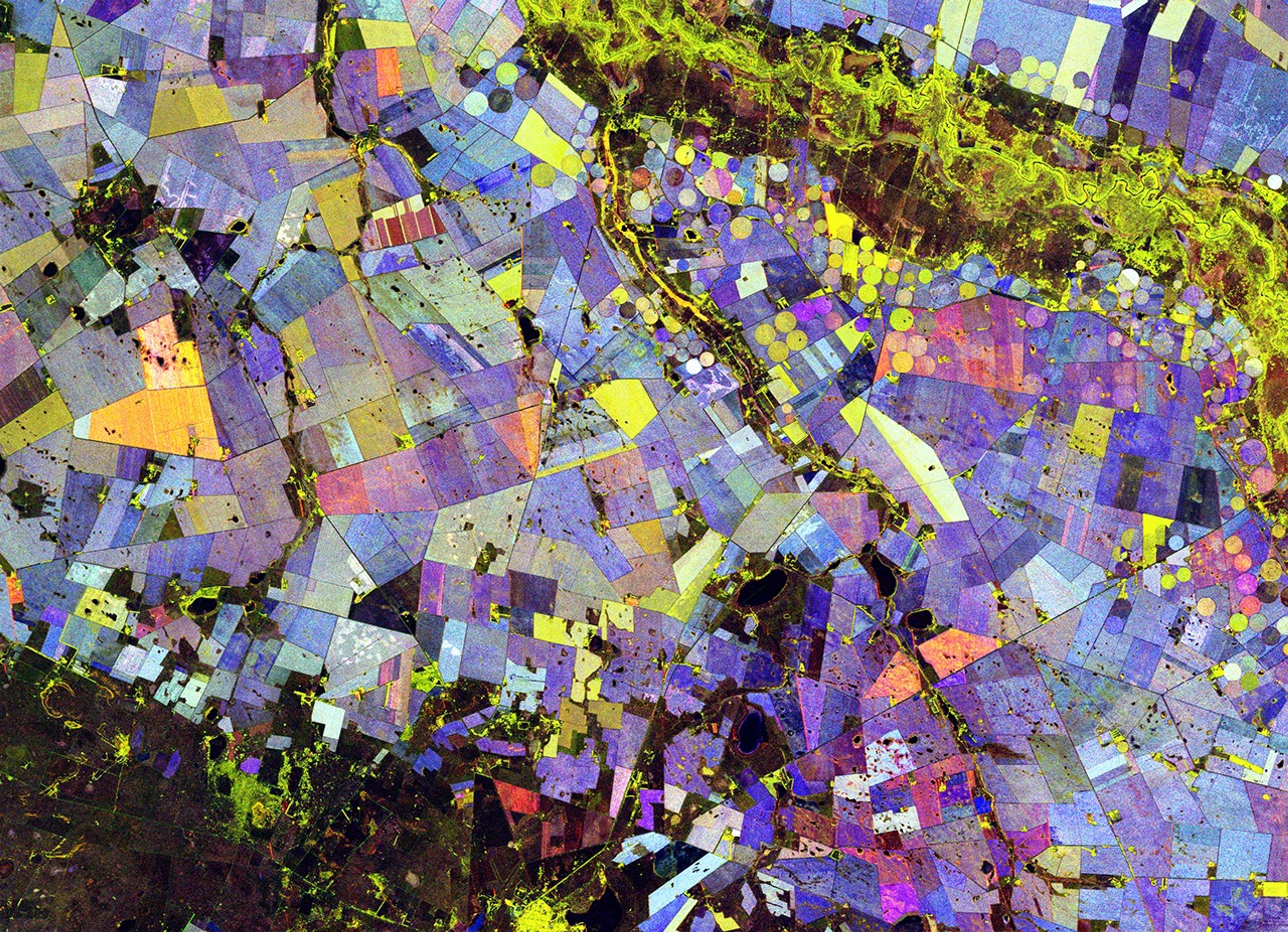 A visualization of agricultural land in South Africa shows geometric fields in an array of colors that combine red, green, and blue.