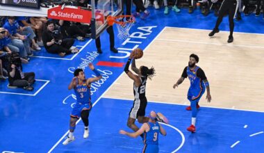 Devin Vassell #24 of the San Antonio Spurs drives to the basket during the game against the Oklahoma City Thunder during Game Seven of the NBA Western Conference Finals on May 30, 2026 at Paycom Center in Oklahoma City, Oklahoma. (AFP Photo)