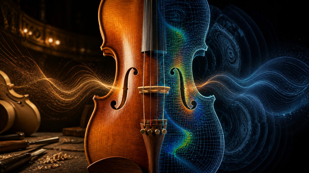 Illustration representing a real violin on the left and a digital violin on the right. AI Image.